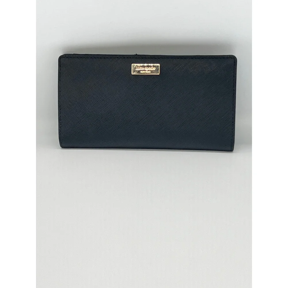 Kate Spade New York Black Saffiano Leather Bifold Slim Wallet Gold Logo C081